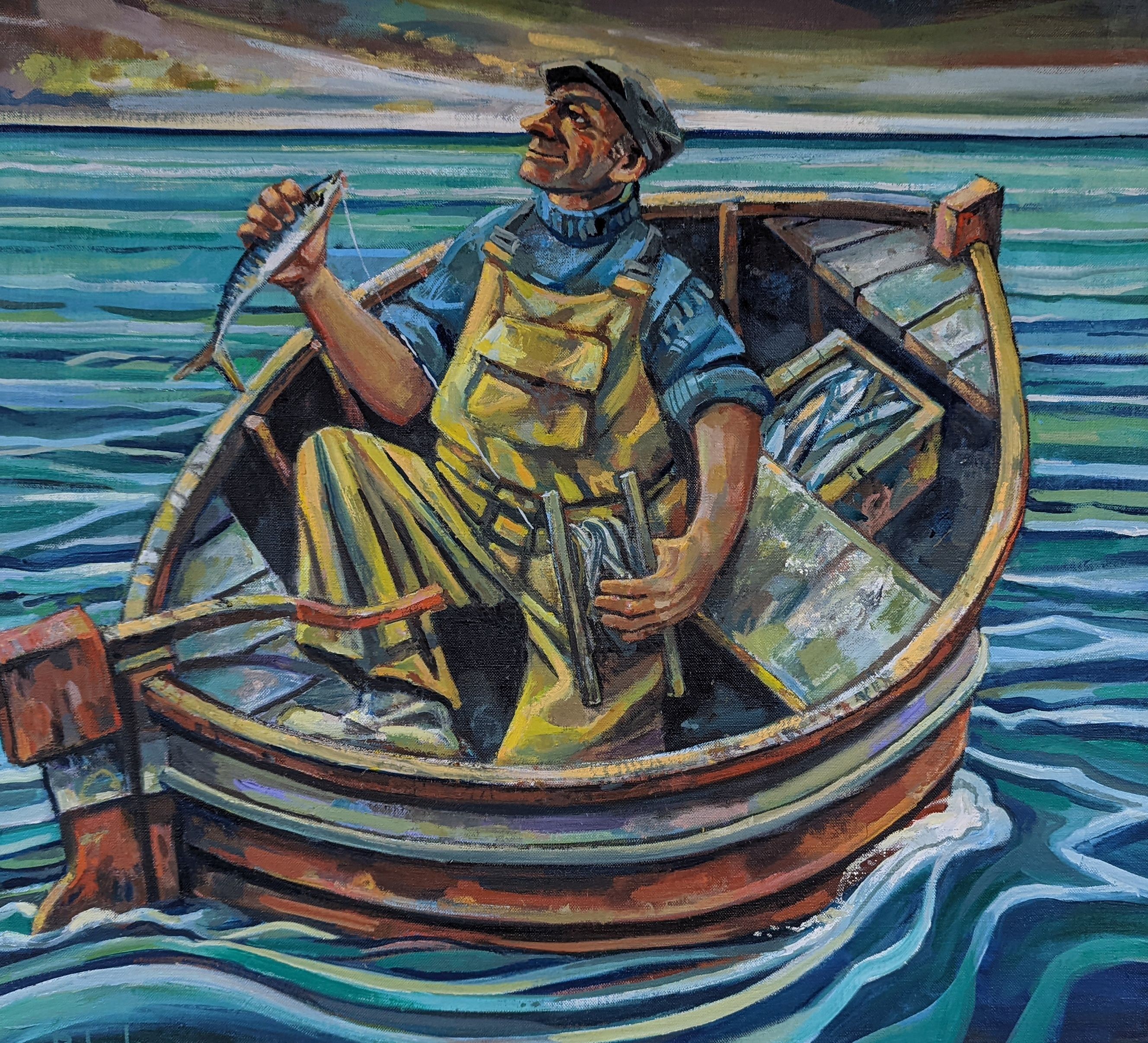Jonathan Robertson (Scottish, 1947-), oil on canvas, 'To greet the morning with silver in your hand', signed, Thompsons Gallery label verso, 50 x 55cm